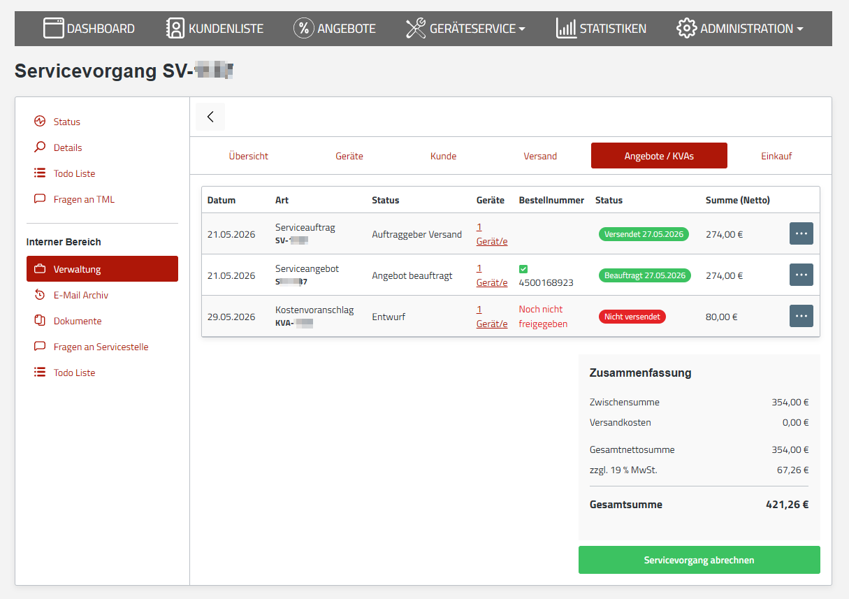 TML Serviceportal — Verwaltungsoberfläche